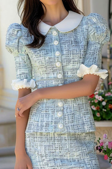 Ruffled 2-Piece Tight Tweed Blue Tea Party Dress